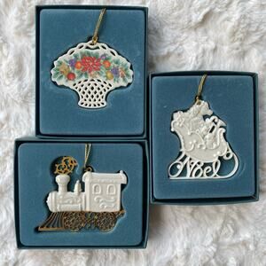 Vintage Lenox Porcelain Christmas Ornaments Bundle of 3 Noel Sleigh Train Basket